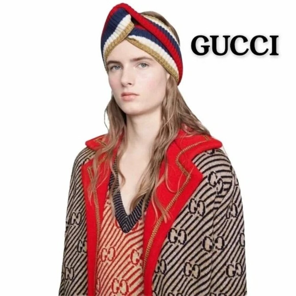 GUCCI SYLVIE WEB WOOL‎ HEADBAND Red/Blue/White/Gold Knit NEW W/ Tags RARE Medium